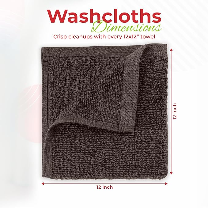 RIVERSIDE 12 Pack Washcloths - 12x12 Inches, 500 GSM, 100% Ring-Spun Cotton - Soft, Absorbent & Durable Face and Body Towels - for Bathroom, Spa, Gym, Makeup Removal & Everyday Use - Brown