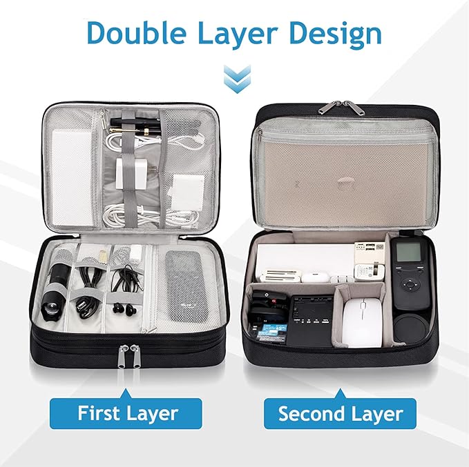 OliviaLiving Electronics Travel Organizer, Double Layer Cable Organizer Bag Waterproof Electronics Accessories Storage Bag for Charger, Phone, Power Bank, Hard Drive, Cord, Tablet