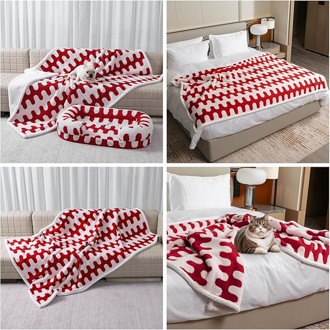 Maidewow Waterproof Pet Blanket,Dog Bed Covers Couch Sofa Stylish Jacquard Pets Throw Blankets for Puppy Cats Washable Reversible Furniture Protection Covers (Red Wave,XL)