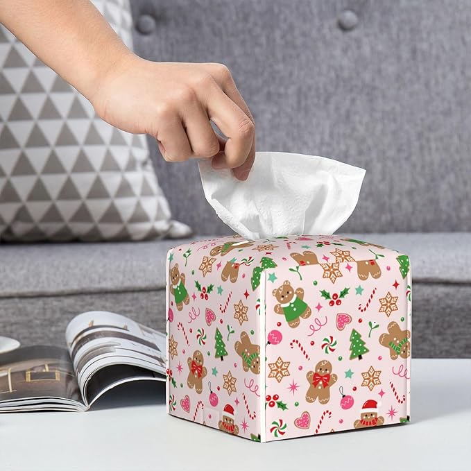 Tissue Box Cover, Christmas Gingerbread Cookies Pu Leather Square Tissue Box Cover Case Organizer Cube Box Holder for Bathroom Vanity Countertop, Night Stands, Office Desk & Car 5.2X5.2X5.2''