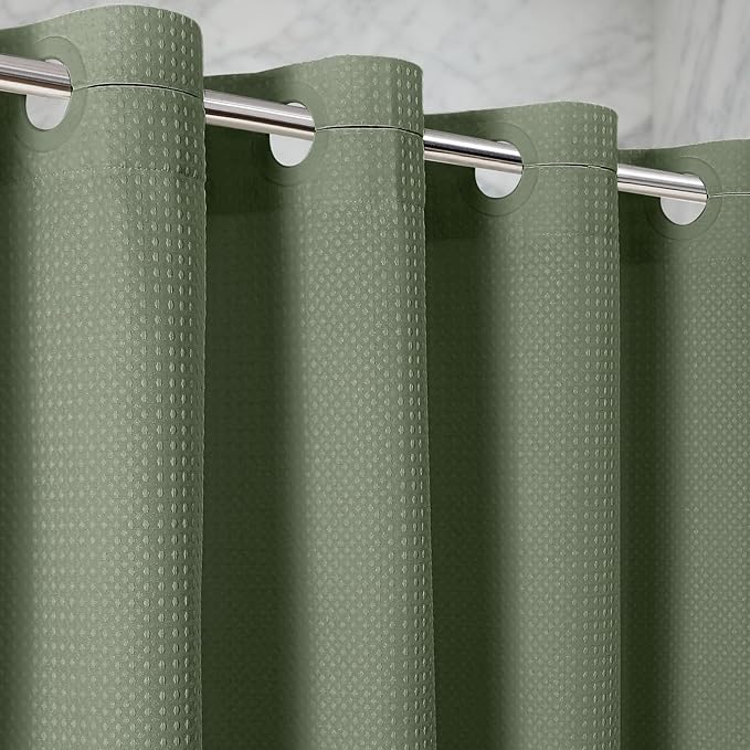 Zemyovia Waterproof No Hooks Waffle Shower Curtain, 260GSM Heavy Duty Fabric, with 10 Durable Split Grommets, Luxury Hotel Spa Style for Bathroom, Machine Washable, 74 x 72 Standard Size, Green