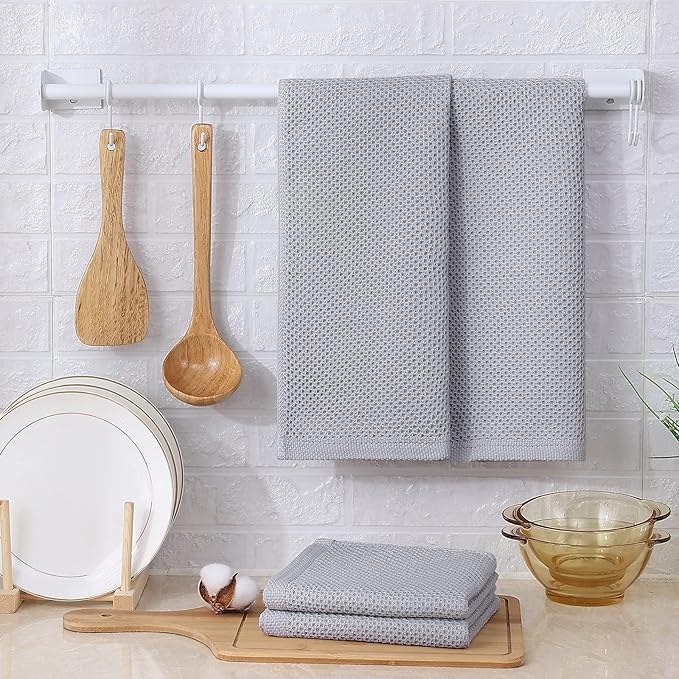 Kitinjoy 100% Cotton Waffle Weave Kitchen Towels, 8-Pack Super Soft and Absorbent Dish Towels for Drying Dishes, Kitchen Hand Towels, 13 in x 28 in, Light Grey