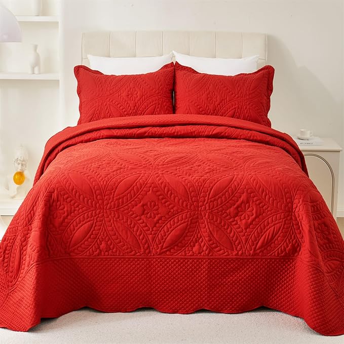 Cmfshape Oversize King Bedspread 128"x120",3 Piece California King Quilt,Lightweight Red Bed Quilt Set for All Season,Modern Geometric Pattern Bedding Set