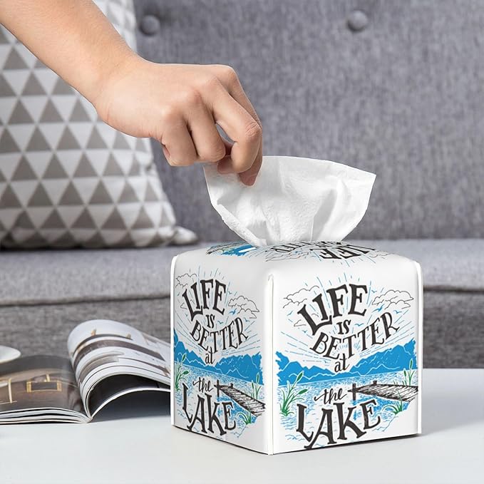 POIUBLE Leather Tissue Box Holder Life is Better at The Lake Tissue Box Cover Square Waterproof Tissue Holder Organizer Modern Napkin Holder for Bedroom Dresser Night Stand Office Desk