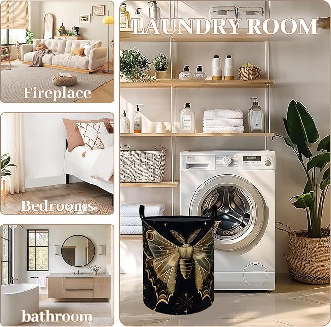 ainori Butterfly and Rose Floral Laundry Basket, Oxford Cloth Vintage Dirty Clothes Collapsible Hamper for Room Decor, Flower Insect Print Gifts Toy Organizer 19.7*15.8 Inch for Bedroom Bathroom Dorm