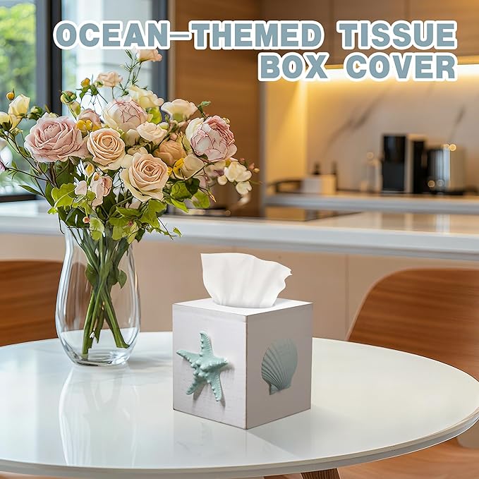 Tissue Box Cover Square, Beach Tissue Box Holder with Slide-Out Bottom, Decorative Wooden Wall Mounted Starfish Tissue Holder for Desktop Nightstand Bathroom Office, Modern Beach Home Decor