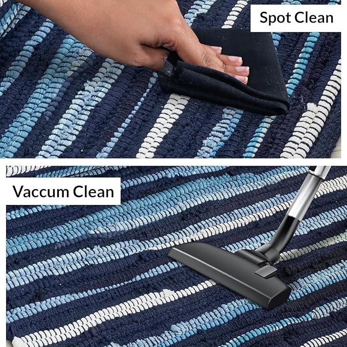 HOMEMONDE Navy Rag Rug 3'x5' Recycled Soft Cotton Chindi Rugs Hand Crafted Reversible Boho Home Decor for Bedroom, Living Room, Kitchen, Entyrway