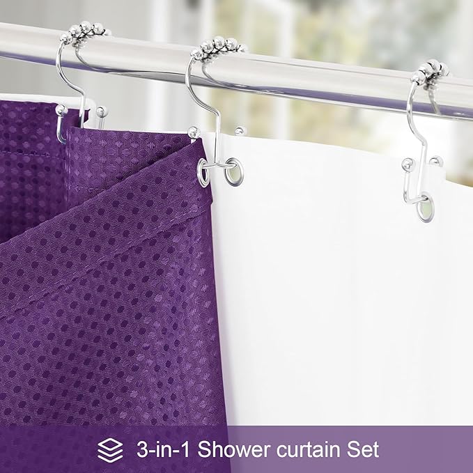 Craidlela 3 in 1 Shower Curtain Set, Purple Waffle Shower Curtain and PEVA Liner Set with 12 Stainless Steel Shower Curtain Hooks, Waterproof Fabric Shower Curtains for Bathroom, 72 W x 72 H