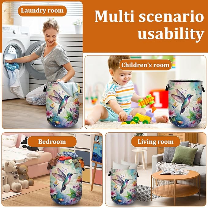 Flower Bird Laundry Basket with Sturdy Handles, Colorful Floral Collapsible Oxford Cloth Laundry Hamper Organizer Basket for Bathroom Bedroom 15.7x20 Inch