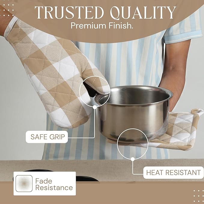 Buffalo Plaid Check Oven Mitts and Pot Holders Set, 100% Cotton, Heat Resistant, Includes 2 Oven Gloves (7x13 Inches) and 2 Hot Pads (8x8 Inches) for Cooking and Baking, Beige White