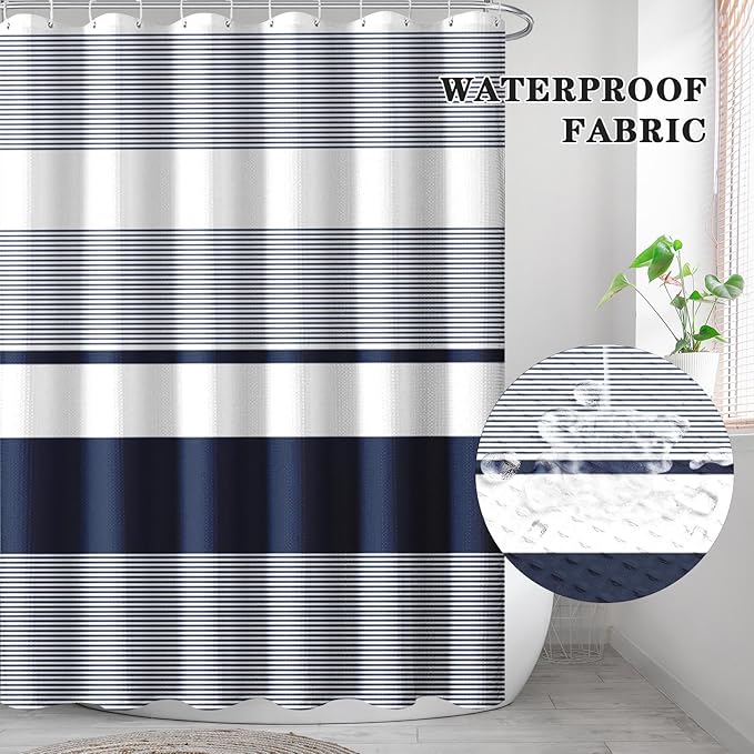 Culudea Modern Striped Boho Waffle Textured Cloth Shower Curtain Set, Navy Blue White Horizontal Stripe Bathroom Window Waterproof Shower Curtains for Bathroom Decor