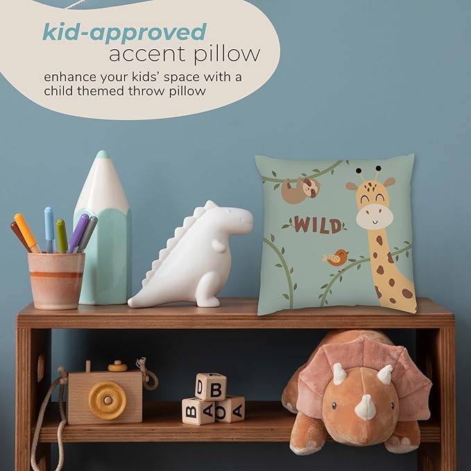 Kids Safari Throw Pillow - 20" x 20" - Double-Sided Printing - Cover Only - Kids Bedroom Accent Pillow - Nursery Decor - Printed in USA