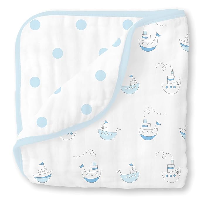 SwaddleDesigns 4-Layer Cotton Muslin Luxe Blanket, Baby and Toddler Cuddle and Dream, 46x46 inches, Pastel Blue Nautical Little Ships and Dots