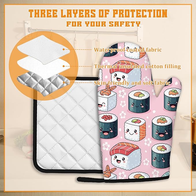Cute Sushi Roll Japanese Oven Mitts and Pot Holders Set,Kitchen Decor Heat Resistant Non Slip Hot Pads and Oven Mitt for Chef Cooking Baking BBQ Mom Girl Gifts(4 Piece Set)