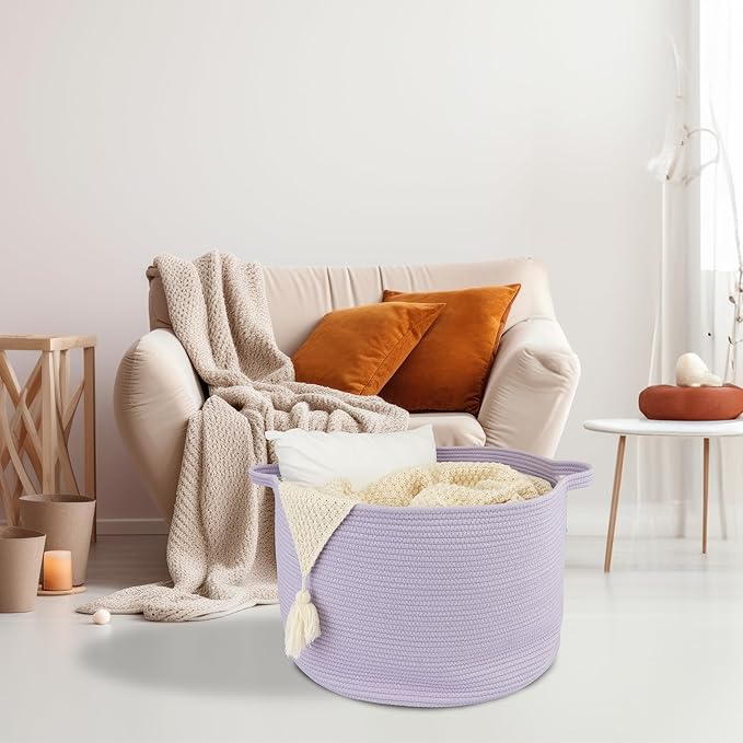 XUANGUO Large Cotton Rope Basket Blankets Basket Living Room 22"x14" Toy Basket for Kids Rope Storage Basket for Nursery Woven Laundry Basket for Clothes Baby Toy Storage round purple or Lavendor