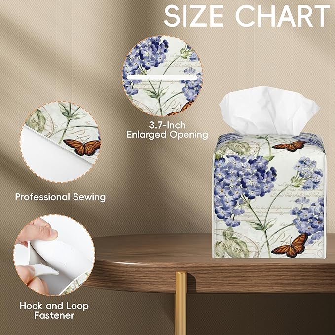 Tissue Box Cover Leather Tissue Box Holder Cube Tissue Case Cover Facial Paper Organizer Dispenser for Bathroom, Vanity Countertop, Office Desk (Vintage Hydrangea Flower and Butterfly)