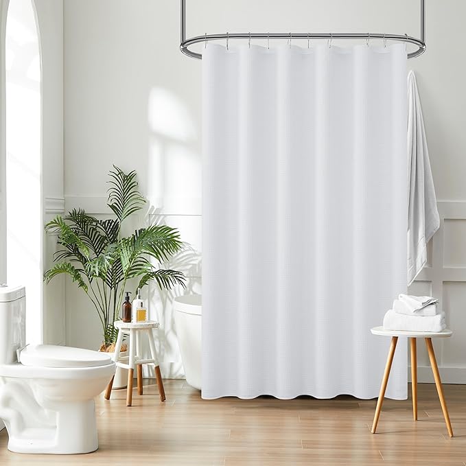 Indecor Home Luxury Waffle Weave Shower Curtain Elegant Hotel Style Fabric for Bathroom, Water Repellent, Machine Washable White Waffle