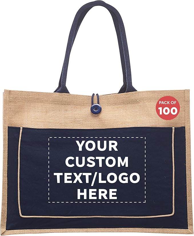 DISCOUNT PROMOS Custom Jute Tote Bags with Cotton Pocket Set of 100, Personalized Bulk Pack - Reusable, Great for Picnic, Camping, Beach, Outdoor Activities - Navy Blue