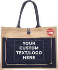 DISCOUNT PROMOS Custom Jute Tote Bags with Cotton Pocket Set of 100, Personalized Bulk Pack - Reusable, Great for Picnic, Camping, Beach, Outdoor Activities - Navy Blue