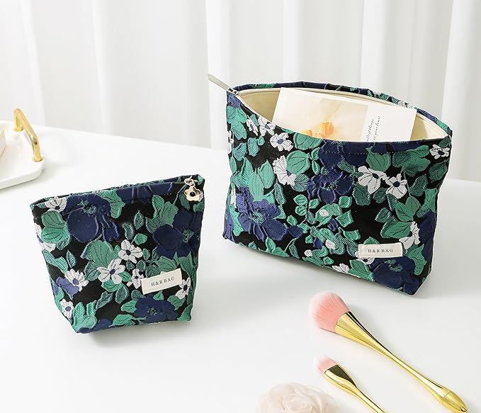 getgto 2 Pcs Makeup Bags, Large Cosmetic Bag Travel Toiletry Bag Organizer for Women, Embroidery Craft, Floral Makeup Bag Small Cosmetic Pouch Purse with Zipper Gifts for Girls Teen