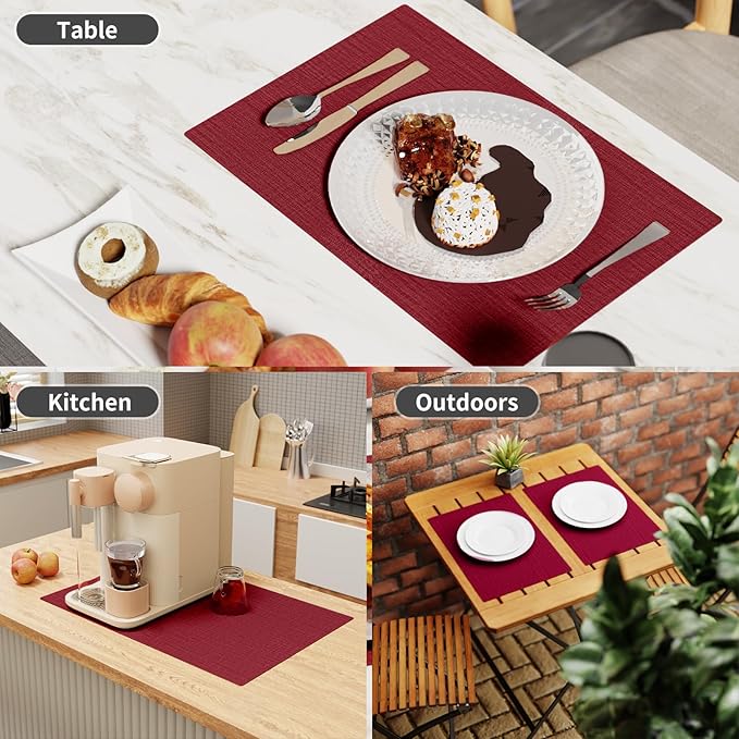 Cloth Placemats, Set of 4 Heat-Resistant Cotton Linen Blend Double Layered Machine Washable Place Mats, Wrinkle Free Thick Fabric Dining Table Mats for Indoors & Outdoors (Burgundy, 4)