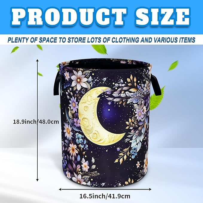 Moon Floral Laundry Basket Oxford Cloth Night Flowers Laundry Hamper With Handle Foldable Portable Clothes Storage Basket 18.9 X 16.5 In Storage Bag For Laundry Room/Bathroom/Bedroom