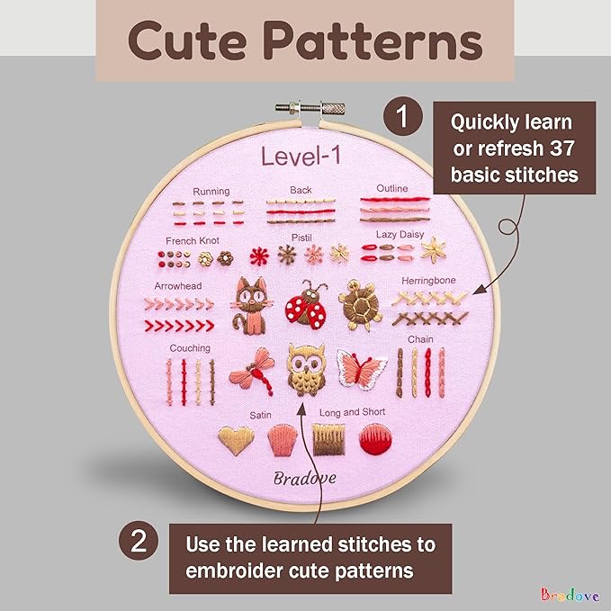 Bradove Beginner Embroidery Kit for Adults Kids, Learn to Embroider 37 Stitches and 13 Cute Patterns, Stitches Kit, Bead Embroidery Kit, Beginner Embroidery Practice