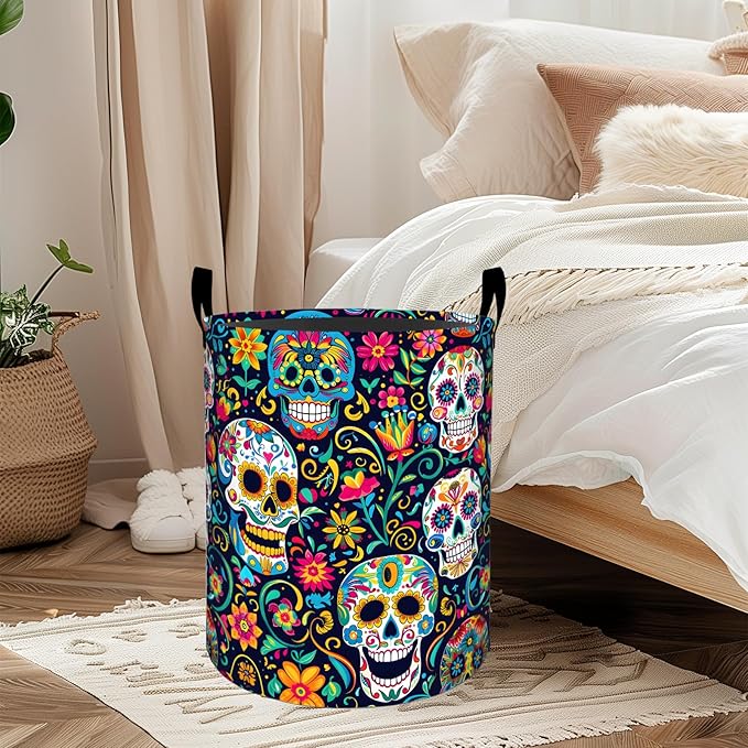 ainori Gothic Sugar Skull Laundry Basket, Oxford Cloth Colorful Dirty Clothes Collapsible Hamper for Room Decor, Goth Skeleton Print Halloween Gifts Toy Organizer 19.7*15.8 Inch for Bedroom Bathroom