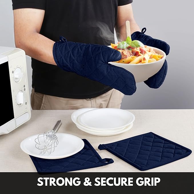 Oven Mitt (7"x13") & Pot Holder (8"x8") 100% Cotton Set of Heat Resistant Oven Gloves & Hot Pads for Gifts, BBQ, Cooking, Baking, Thanksgiving - Navy Blue