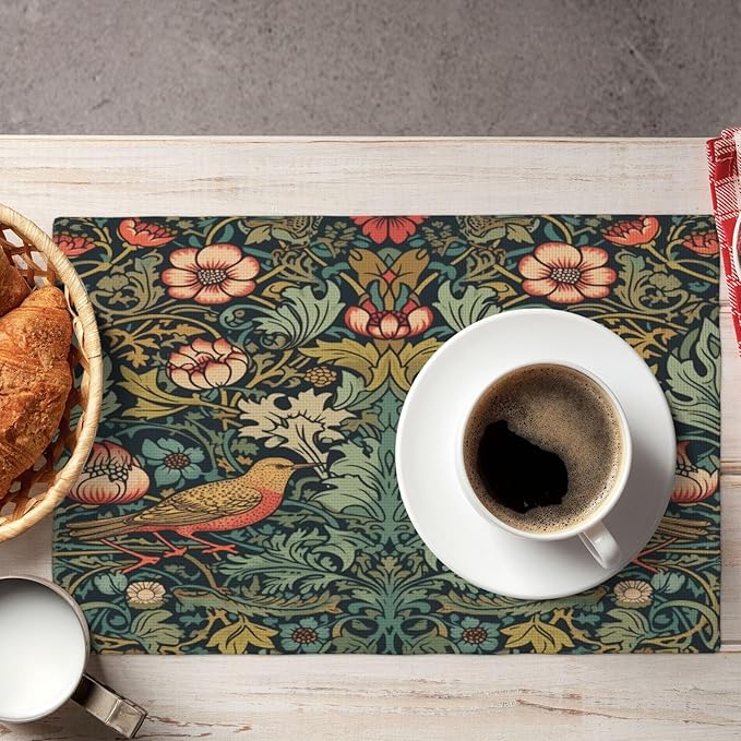 William Morris Placemats, Vintage Rustic Abstract Green Plants Flowers Nature Birds Print Washable Fabric Placemats Table Kitchen Dining Party 12x18 Inch Set of 6