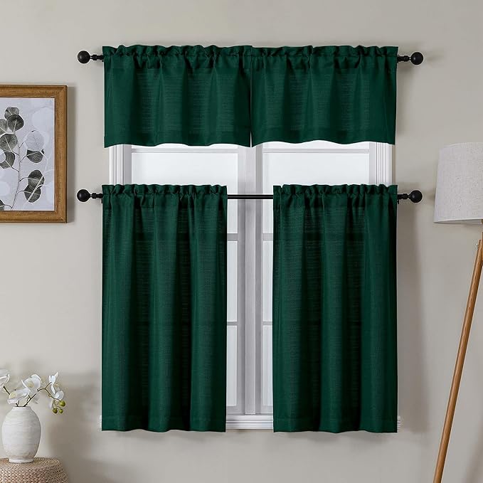 Lecloud Bessie Hunter Green Kitchen Curtains 24 Inch Length 2 Panels, Classic Faux Linen Cafe Short Curtains, Rustic Airy Tiers Window Treatments for Living Room Laundry Room, Each 30" W x 24" L