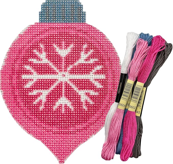 Howie's Needlepoint Christmas Needlepoint Kits, 18CT Printed Embroidery Pattern Starter Kits, Stamped Patterns Canvas Kits(Pink Christmas Snowflake Teardrop Ball,3x4inch)