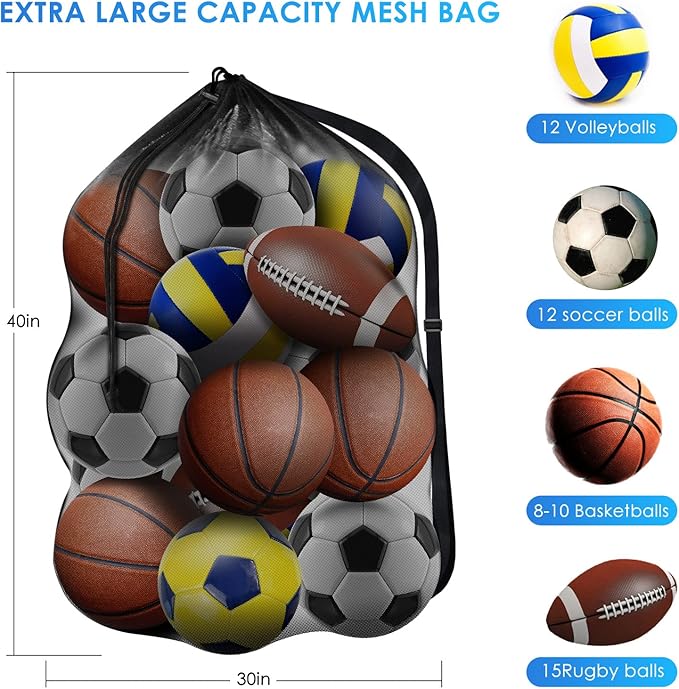 BROTOU Extra Large Sports Ball Bag Mesh, Basketball Bags Team Balls, Adjustable Shoulder Strap, Ball Bags for Holding Soccer, Football, Volleyball, Swimming Gear (30” x 40”)