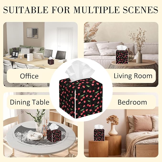 POIUBLE Tissue Box Holder Cherry Fruit Tissue Box Cover Square Leather Tissue Holder Organizer Portable Decorative Facial Paper Case for Home Office Bathroom Vanity Countertop