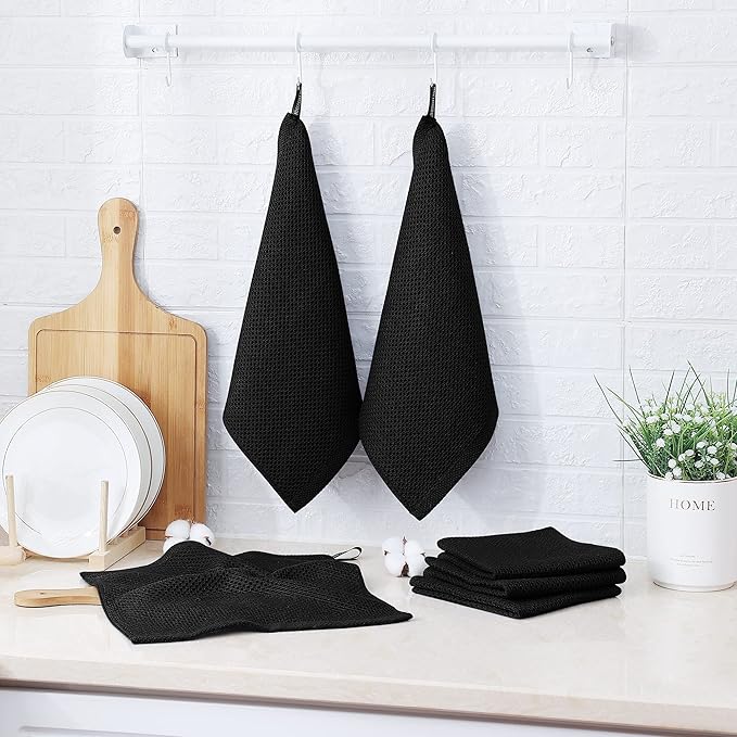 Kitinjoy 100% Cotton Kitchen Dish Cloths, 8 Pack Waffle Weave Ultra Soft Absorbent Dish Towels for Drying Dishes Quick Drying Kitchen Towels Dish Rags, 12 X 12Inch, Black