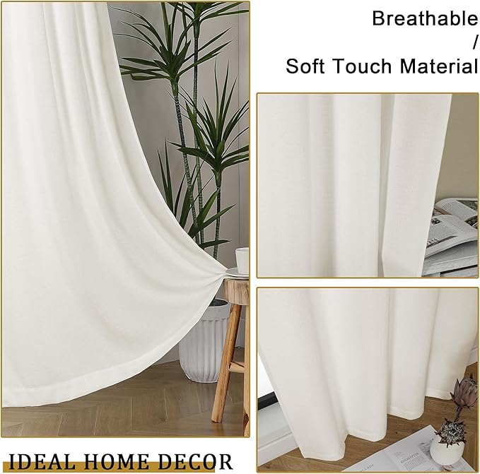 Lecloud Bessie Ivory Curtains 63 Inch Length 2 Panels, Elegant Light Filtering Privacy Drapes with Dual Rod Pocket, Breathable Faux Linen Textured Curtains for Bedroom Living Room, Each 40 W x 63 L