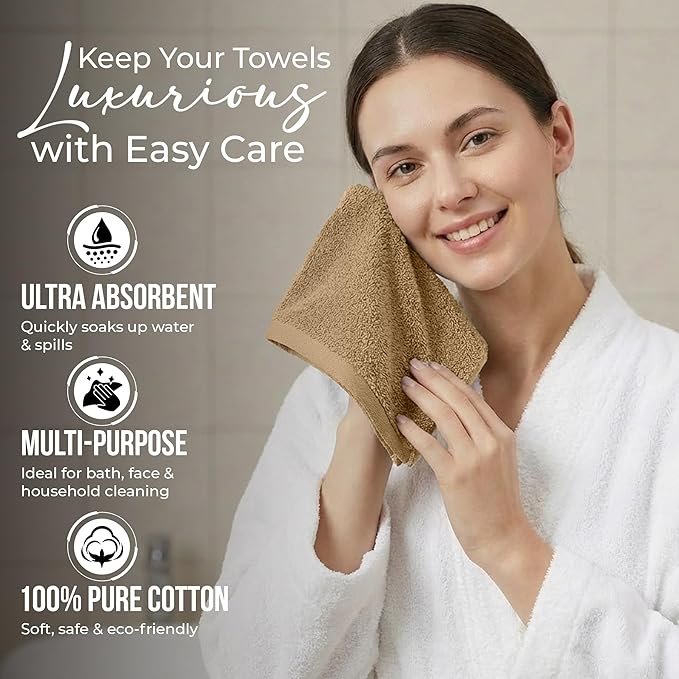 RIVERSIDE 24 Pack Washcloths Set - 100% Cotton [12x12 Inches] - 500 GSM, Soft, Quick-Dry & Highly Absorbent Face Towels - Perfect for Bathroom, Gym, Hotel, Spa & Travel - Tan