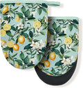 Lemon Yellow Floral Teal Mini Silicone Oven Mitts, Heat Slip Resistant Kitchen Gloves 2-Pack Set, Soft Short Small Oven Mittens Pot Holders for Baking Grilling Barbecue Microwave Gift