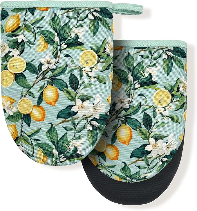 Lemon Yellow Floral Teal Mini Silicone Oven Mitts, Heat Slip Resistant Kitchen Gloves 2-Pack Set, Soft Short Small Oven Mittens Pot Holders for Baking Grilling Barbecue Microwave Gift