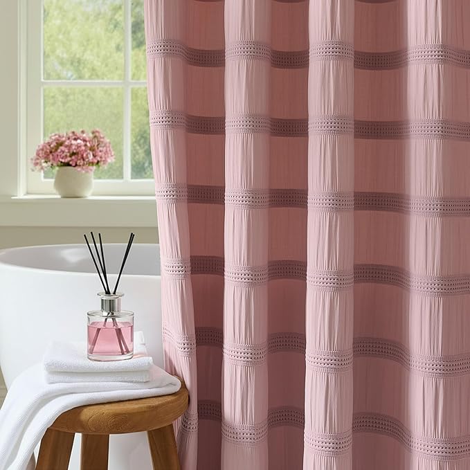 Lameirose Pink Shower Curtain Waffle Shower Curtain Striped Cotton Blend Textured Fabric Shower Curtains for Bathroom 72 x 72, Blush Pink