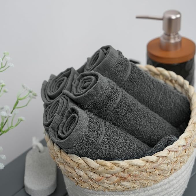 Tens Towels Pack of 12 Washcloths, 12 x 12 Inches, Lighter Weight, Quick to Dry, Super Soft & Absorbent, Gentle Face Towels, Hotel Quality, Perfect for Bathroom, Gym, Spa (Dark Grey, 12 Pack)
