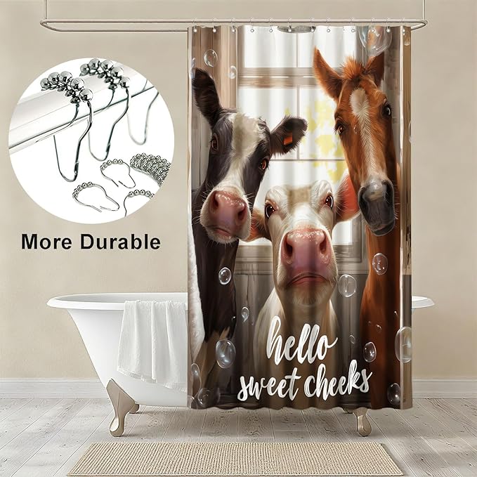 mutakin Cute Animals Shower Curtain Funny Farm Cow Horse Shower Curtains for Bathroom Waterproof Fabric Bath Curtain Decor with Hooks