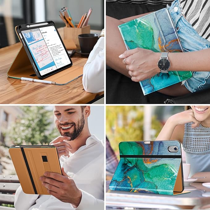 DTTO for iPad (A16) 11th Generation Case 11 Inch 2025, iPad 10th Generation Case 10.9 Inch 2022, Premium Leather Business Folio Stand Cover with Pencil Holder - Auto Wake/Sleep, Emerald Marble