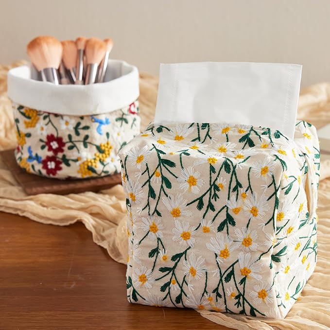 Hausfrau Tissue Box Cover Square Embroidered Jacquard Linen Tissue Holder Case Cube Decorative for Bathroom Vanity Countertop Desk Office, 5.3"x5.3"x5.3", White Daisy