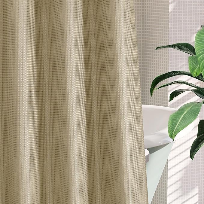 MitoVilla No Hooks Needed Extra Long Shower Curtain Liner Set, Beige 86 inch XL Heavyweight Waffle Fabric Cloth Shower Curtains Set with Snap-in Liner for Modern Luxury Hotel & Spa Bathroom Decor