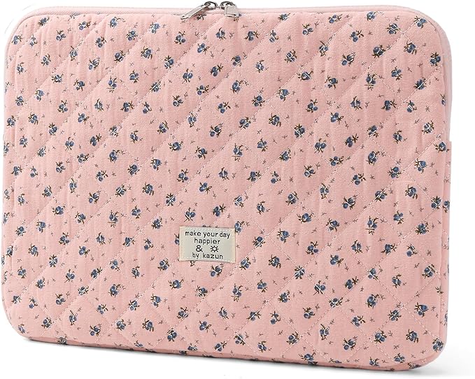 Puffy Laptop Sleeve 13-15.6 Inch Cute Quilted Laptop Protective Case Padded Floral Computer Sleeve for MacBook (A-Dark Pink, 15 Inch)