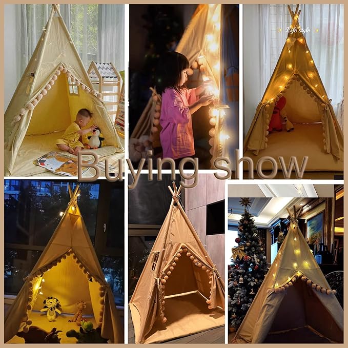 RONGFA Kids Teepee Tent with Lights &Large Pompoms & Carry Bag, Machine Washable Tent for Kids Indoor, Toddler Teepee for Girls & Boys（Without Mat）