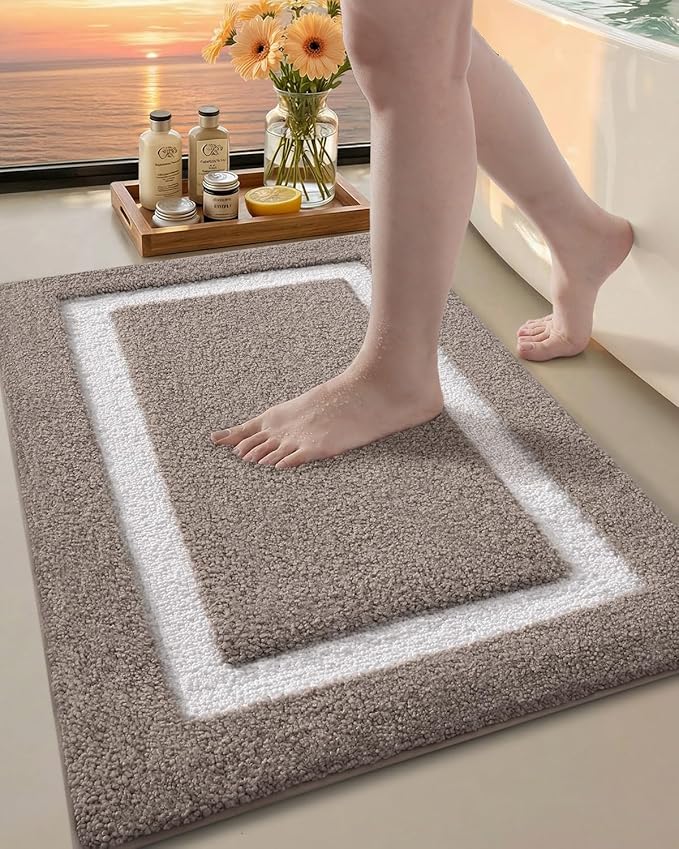 Color&Geometry Bathroom Rugs, Water Absorbent and Quick Dry Microfiber Bath Rugs-16"x24", Non-Slip, Machine Washable, Extra Soft Plush Bath Mats for Bathroom, Laundry Room, Dark Beige White
