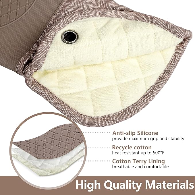 Professional Microwave Silicone Oven Mitts one Pair, Kitchen Mitten Set for Heat Resistant with 500 Degrees, Kitchen Gloves Pot Holder for BBQ Cooking Baking (Khaki)