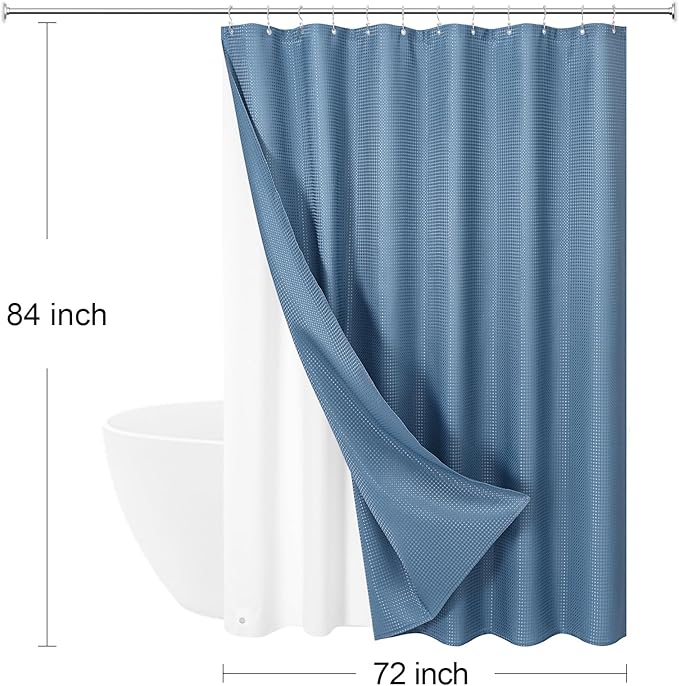 Craidlela 3 in 1 Extra Long Moonlight Blue Shower Curtain Set-72 W x 84 H, Modern Waffle and PEVA Liner Set with 12 Stainless Steel Hooks, Waterproof Fabric for Bathroom